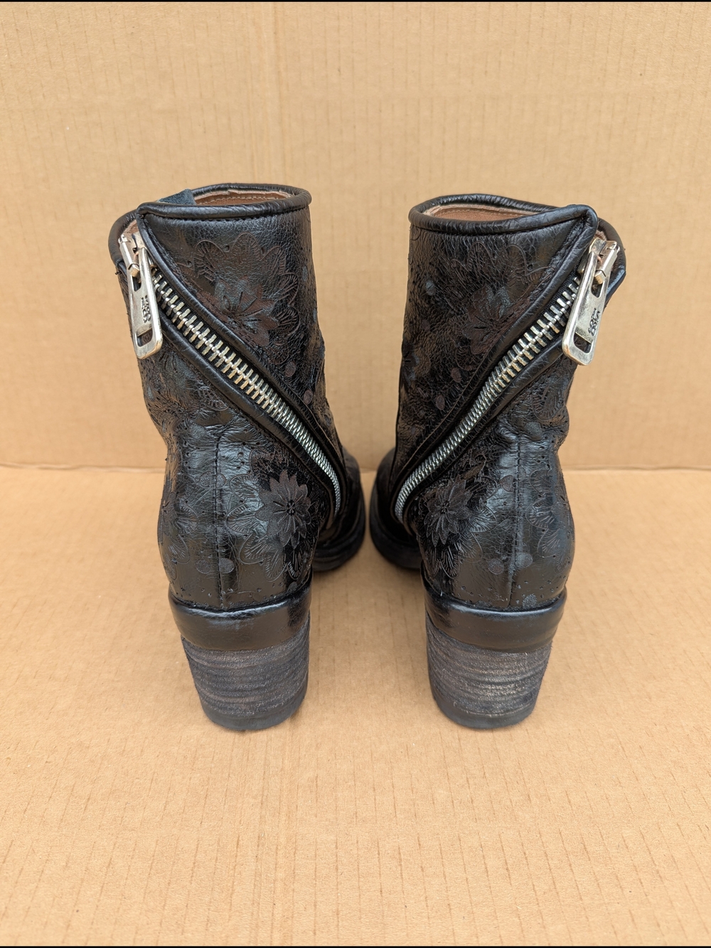 A.S.98 Floral Embossed Leather Ankle Boots Boho Grunge Stacked Block Heel 38 - Picture 4 of 11